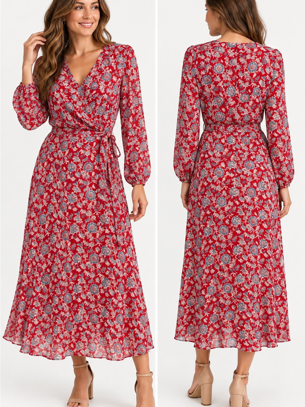 Ralph Lauren Red Floral faux Wrap Midi Dress 12